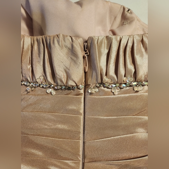 Tiffany Designs Champagne Asymmetrical Ruched Gown - Picture 7 of 13